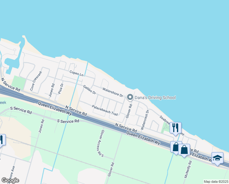 map of restaurants, bars, coffee shops, grocery stores, and more near Lakeshore Drive in Hamilton