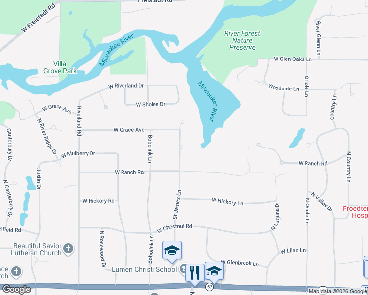 map of restaurants, bars, coffee shops, grocery stores, and more near 11652 Saint James Lane in Mequon