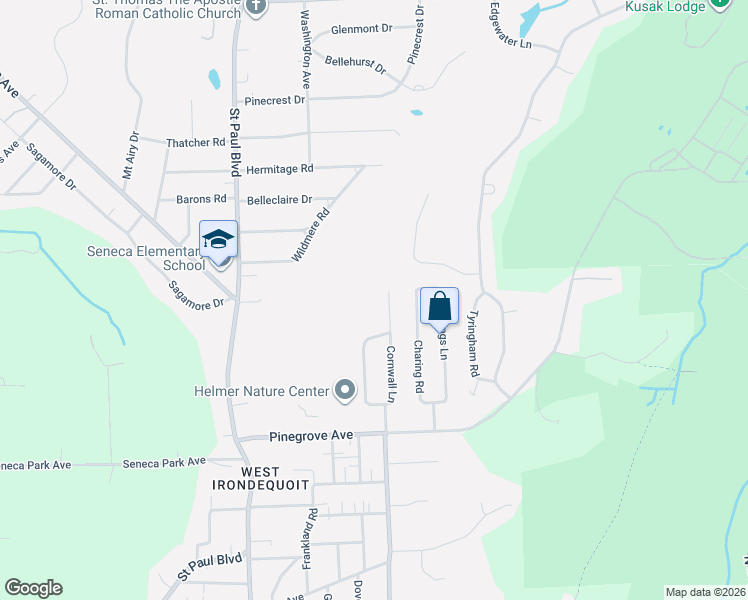 map of restaurants, bars, coffee shops, grocery stores, and more near 181 Cornwall Lane in Rochester