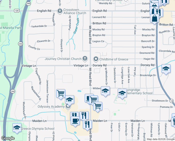 map of restaurants, bars, coffee shops, grocery stores, and more near 3887 Mount Read Boulevard in Rochester
