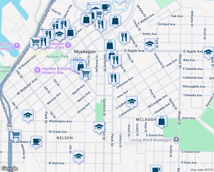 map of restaurants, bars, coffee shops, grocery stores, and more near 1231 Sanford Street in Muskegon
