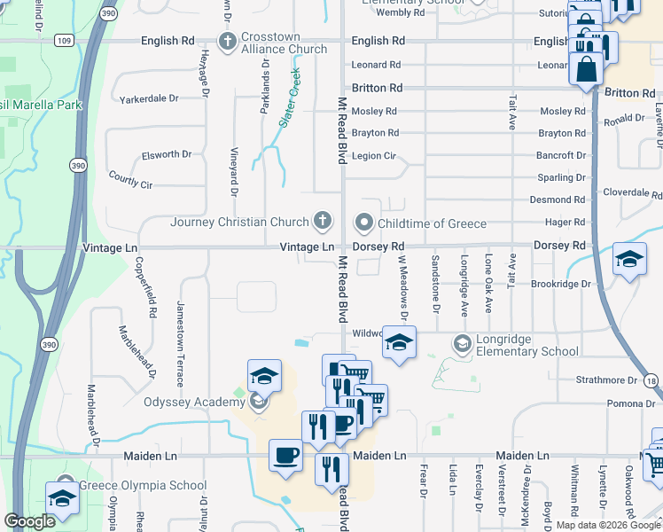 map of restaurants, bars, coffee shops, grocery stores, and more near 3887 Mount Read Boulevard in Rochester