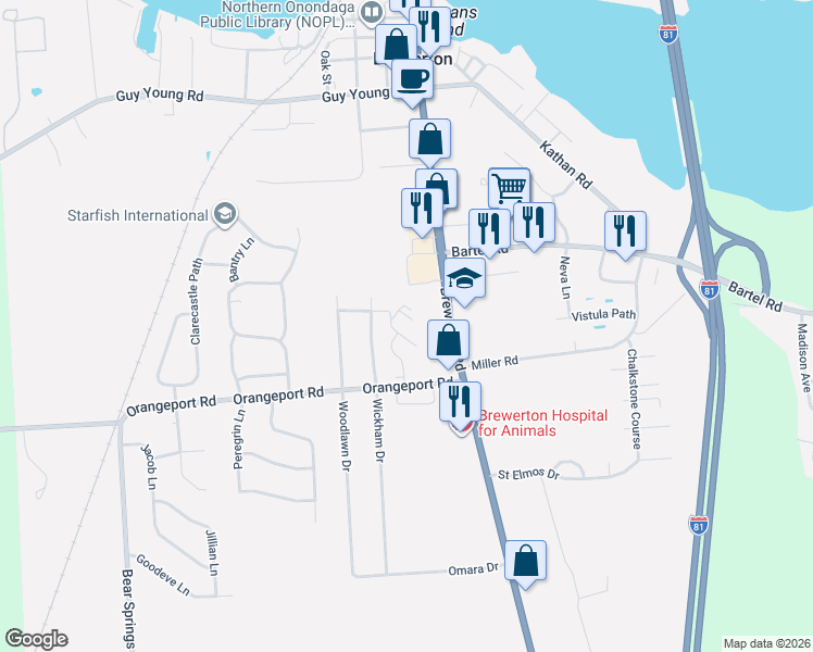 map of restaurants, bars, coffee shops, grocery stores, and more near 5463 Orangeport Road in Brewerton