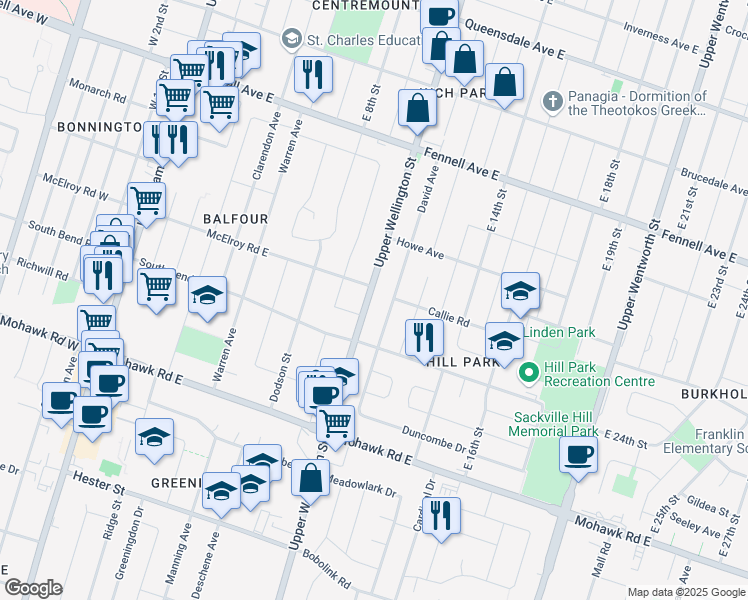 map of restaurants, bars, coffee shops, grocery stores, and more near 801 Upper Wellington Street in Hamilton