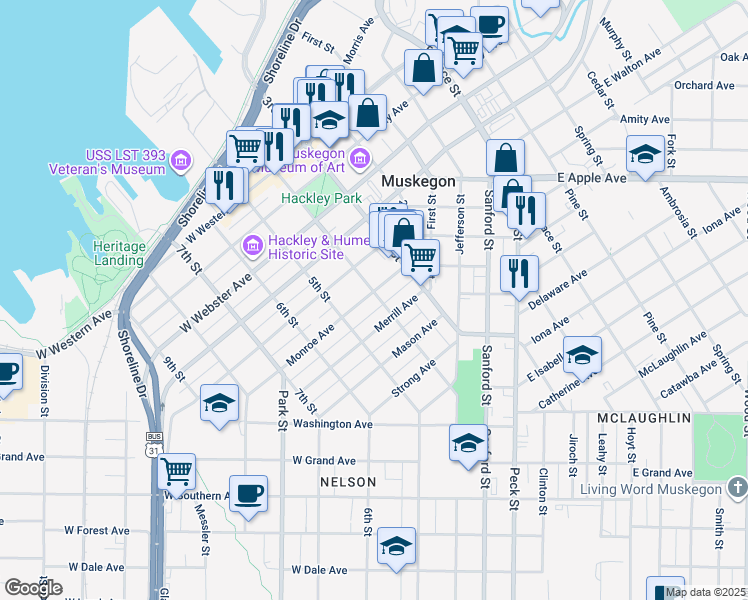 map of restaurants, bars, coffee shops, grocery stores, and more near 1203 4th Street in Muskegon