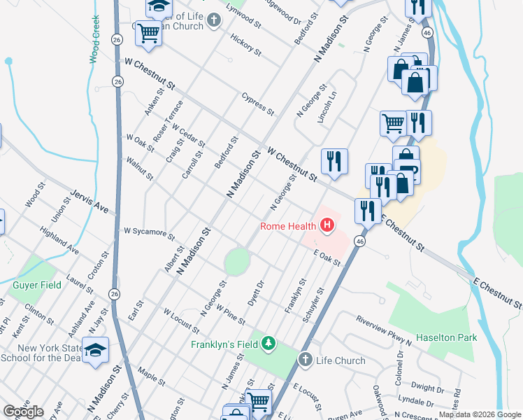 map of restaurants, bars, coffee shops, grocery stores, and more near 1413 North George Street in Rome