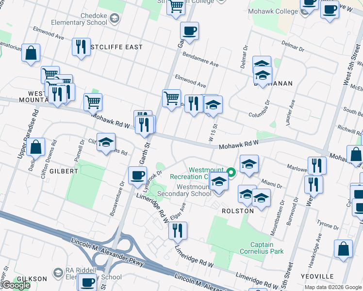 map of restaurants, bars, coffee shops, grocery stores, and more near 136 Lynbrook Drive in Hamilton