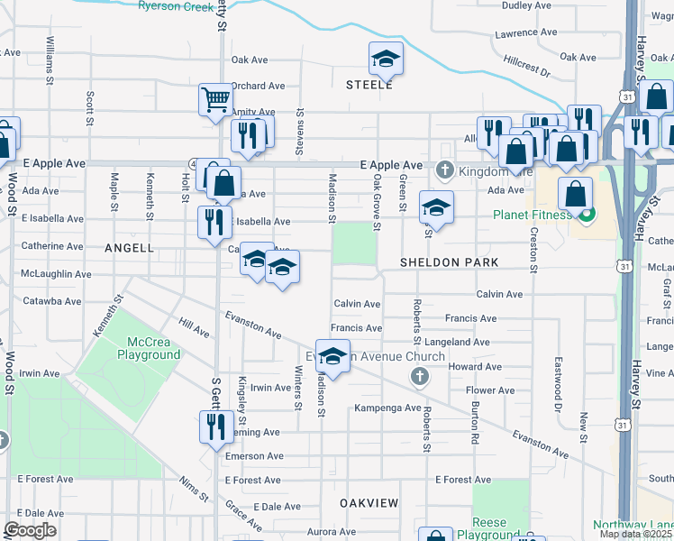 map of restaurants, bars, coffee shops, grocery stores, and more near 1200 Madison Street in Muskegon