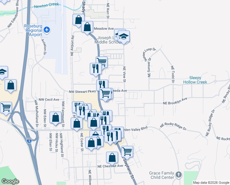 map of restaurants, bars, coffee shops, grocery stores, and more near 1612 Northeast Vine Street in Roseburg