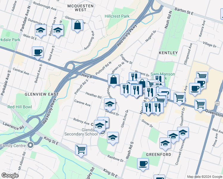 map of restaurants, bars, coffee shops, grocery stores, and more near in Hamilton