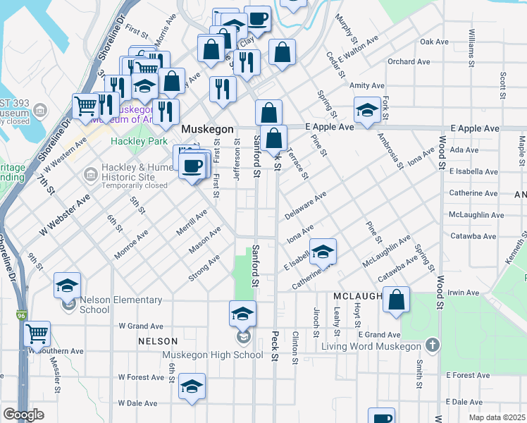 map of restaurants, bars, coffee shops, grocery stores, and more near 1231 Sanford Street in Muskegon