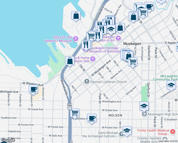 map of restaurants, bars, coffee shops, grocery stores, and more near 506 West Muskegon Avenue in Muskegon
