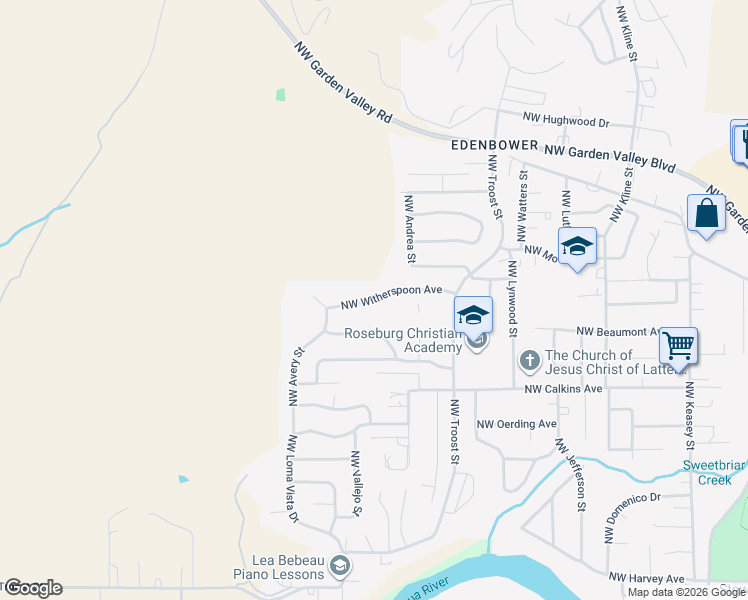map of restaurants, bars, coffee shops, grocery stores, and more near 2300 Northwest Witherspoon Avenue in Roseburg