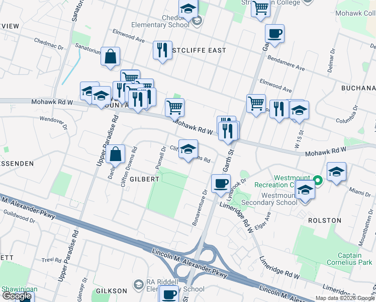map of restaurants, bars, coffee shops, grocery stores, and more near 15 Clifton Downs Road in Hamilton