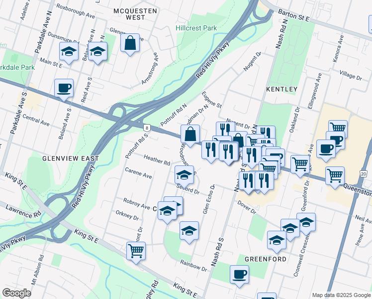 map of restaurants, bars, coffee shops, grocery stores, and more near 11 Woodman Drive South in Hamilton