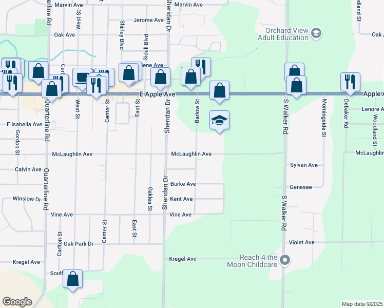 map of restaurants, bars, coffee shops, grocery stores, and more near 2574 McLaughlin Avenue in Muskegon