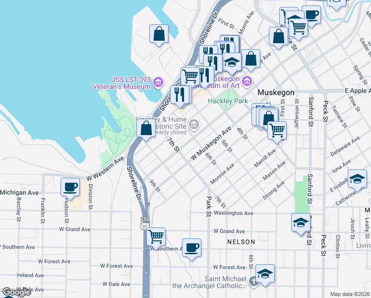 map of restaurants, bars, coffee shops, grocery stores, and more near 531 West Webster Avenue in Muskegon
