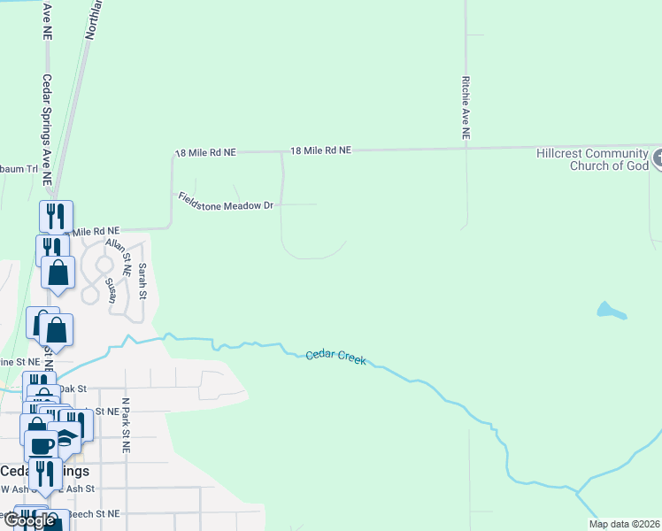 map of restaurants, bars, coffee shops, grocery stores, and more near 14627 Ivorystone Drive Northeast in Cedar Springs