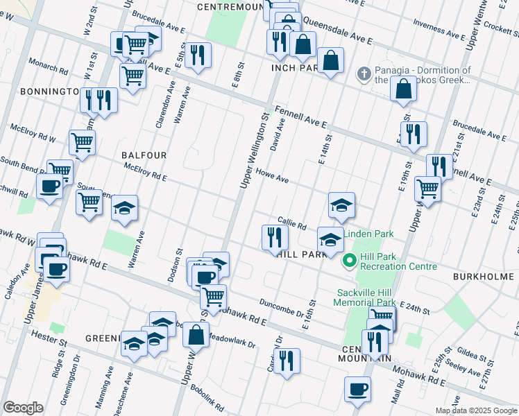 map of restaurants, bars, coffee shops, grocery stores, and more near 75 David Avenue in Hamilton