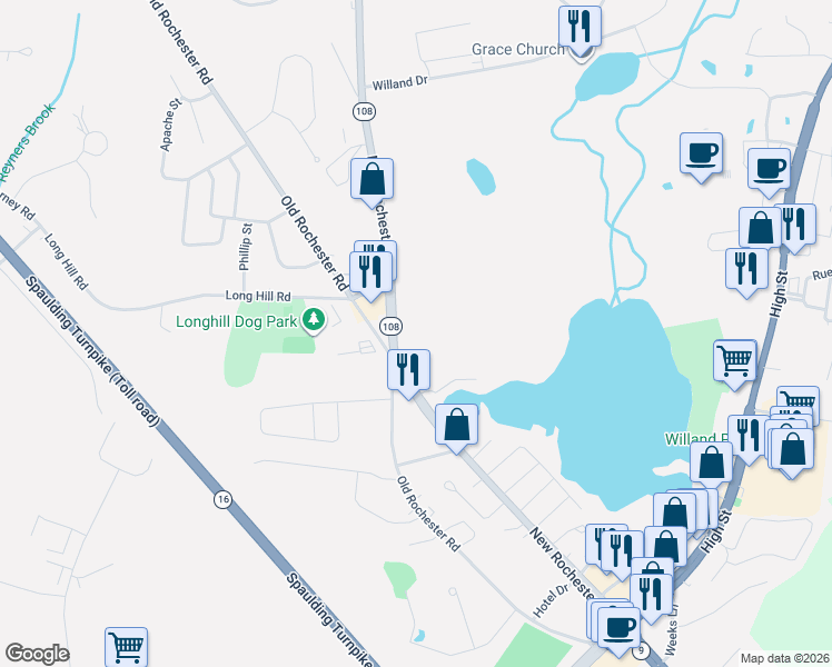 map of restaurants, bars, coffee shops, grocery stores, and more near 49 New Rochester Road in Dover