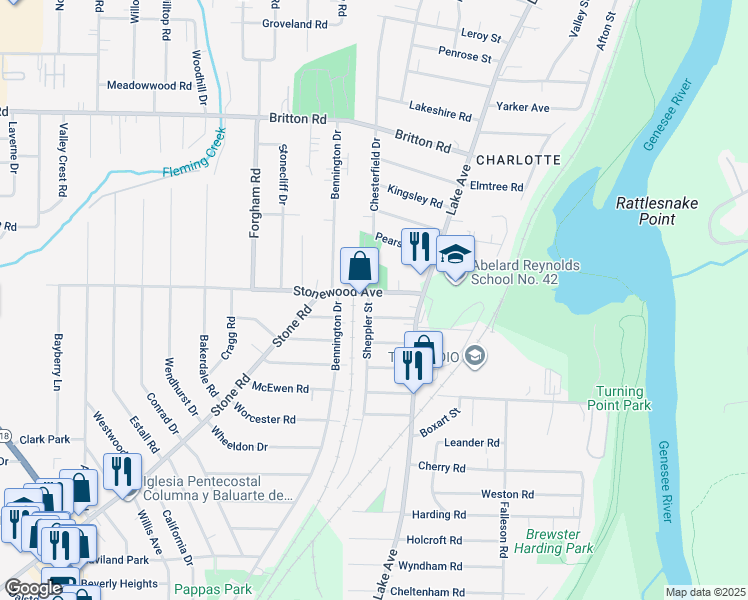 map of restaurants, bars, coffee shops, grocery stores, and more near 48 Winans Street in Rochester