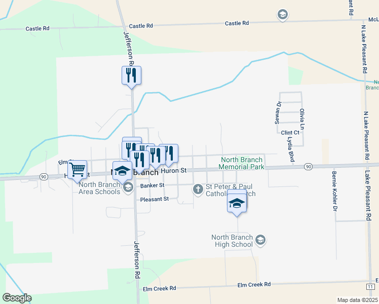 map of restaurants, bars, coffee shops, grocery stores, and more near 4172 Mill Street in North Branch