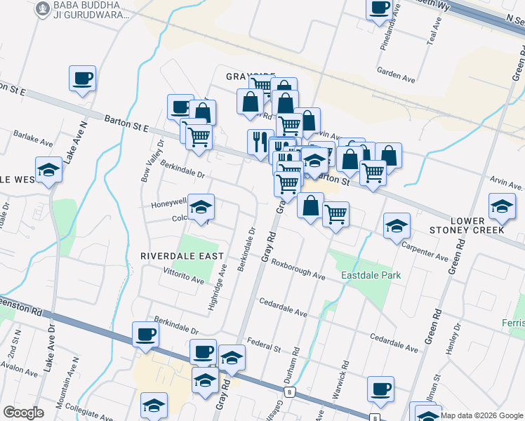 map of restaurants, bars, coffee shops, grocery stores, and more near in Hamilton