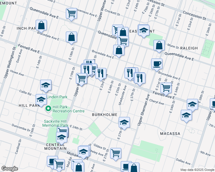 map of restaurants, bars, coffee shops, grocery stores, and more near 66 Maclennan Avenue in Hamilton