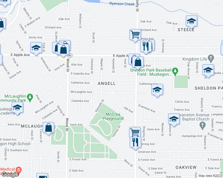 map of restaurants, bars, coffee shops, grocery stores, and more near 1187 Kenneth Street in Muskegon