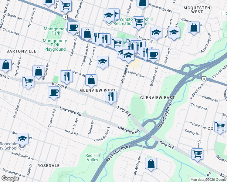 map of restaurants, bars, coffee shops, grocery stores, and more near 219 Glencairn Avenue in Hamilton