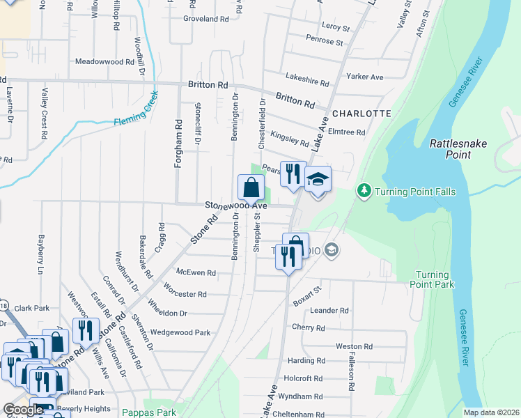 map of restaurants, bars, coffee shops, grocery stores, and more near 69 Stonewood Avenue in Rochester