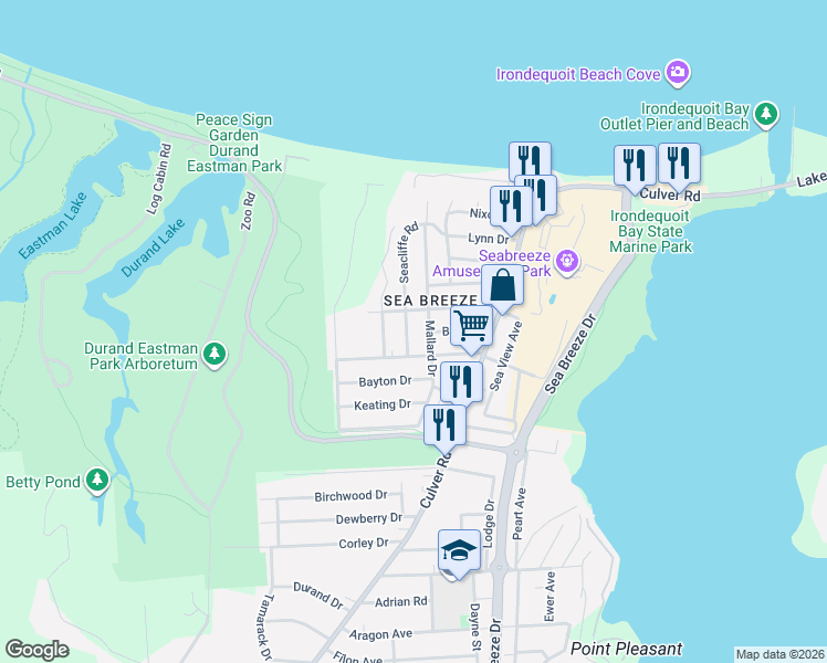 map of restaurants, bars, coffee shops, grocery stores, and more near 104 Breezeway Drive in Rochester