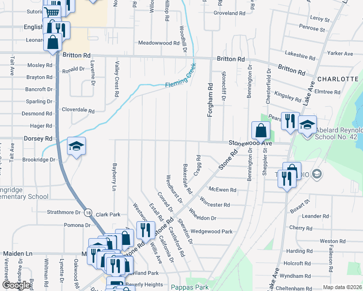 map of restaurants, bars, coffee shops, grocery stores, and more near 133 Bakerdale Road in Rochester
