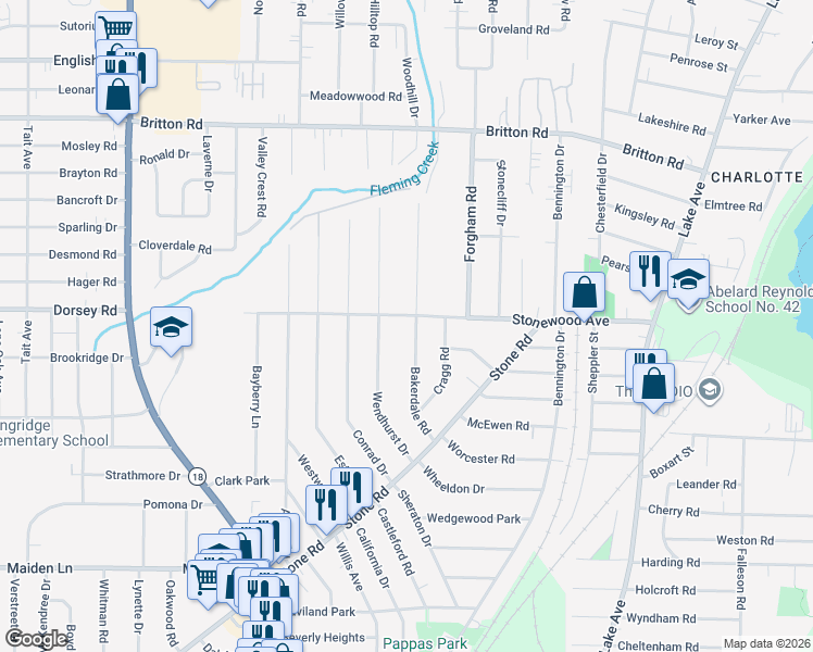 map of restaurants, bars, coffee shops, grocery stores, and more near 133 Bakerdale Road in Rochester