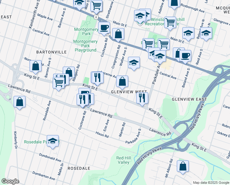map of restaurants, bars, coffee shops, grocery stores, and more near 2200 King Street East in Hamilton