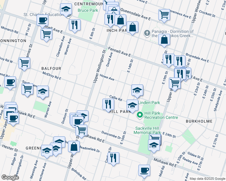 map of restaurants, bars, coffee shops, grocery stores, and more near in Hamilton
