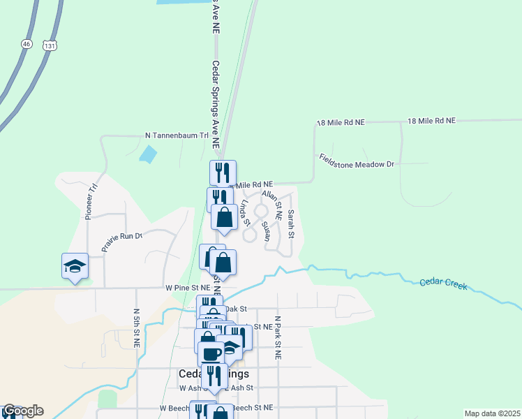 map of restaurants, bars, coffee shops, grocery stores, and more near 381 Allan Street in Cedar Springs