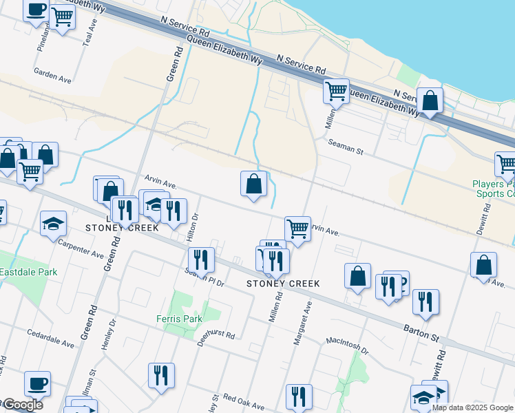 map of restaurants, bars, coffee shops, grocery stores, and more near 349 Arvin Avenue in Hamilton