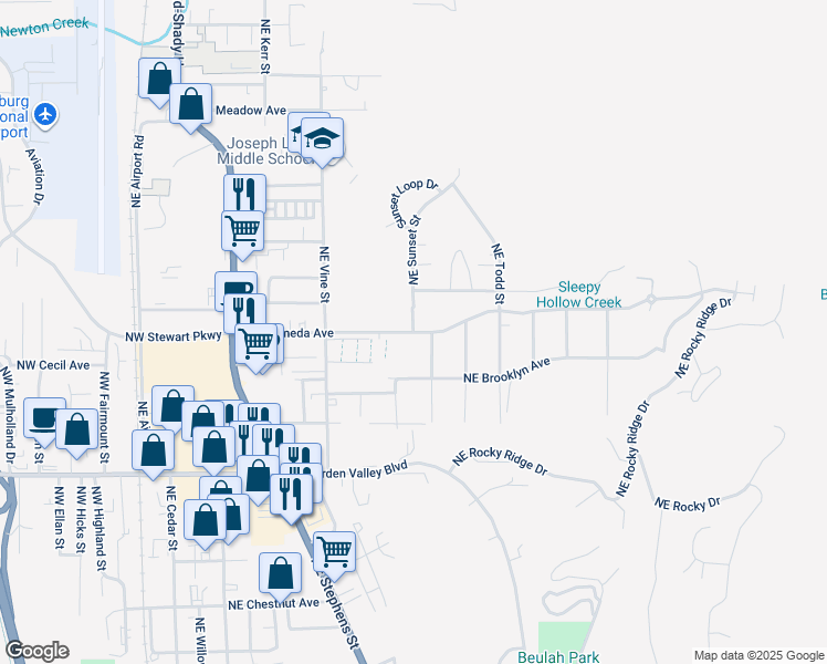 map of restaurants, bars, coffee shops, grocery stores, and more near 867 Northeast Alameda Avenue in Roseburg