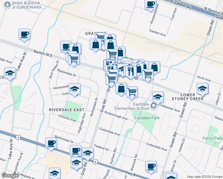 map of restaurants, bars, coffee shops, grocery stores, and more near 288 Grays Road in Hamilton