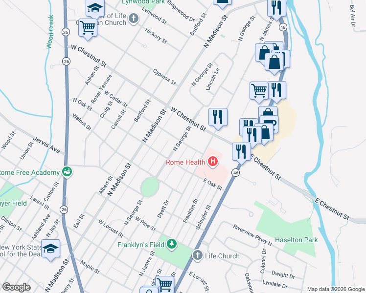 map of restaurants, bars, coffee shops, grocery stores, and more near 110 West Oak Street in Rome