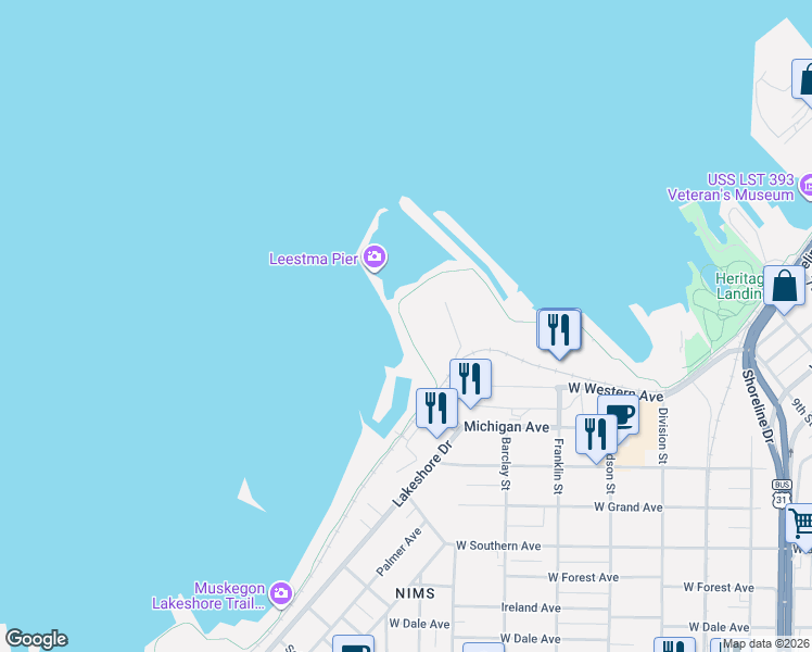 map of restaurants, bars, coffee shops, grocery stores, and more near 1204 West Western Avenue in Muskegon