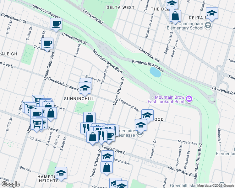 map of restaurants, bars, coffee shops, grocery stores, and more near 354 Upper Ottawa St in Hamilton Division
