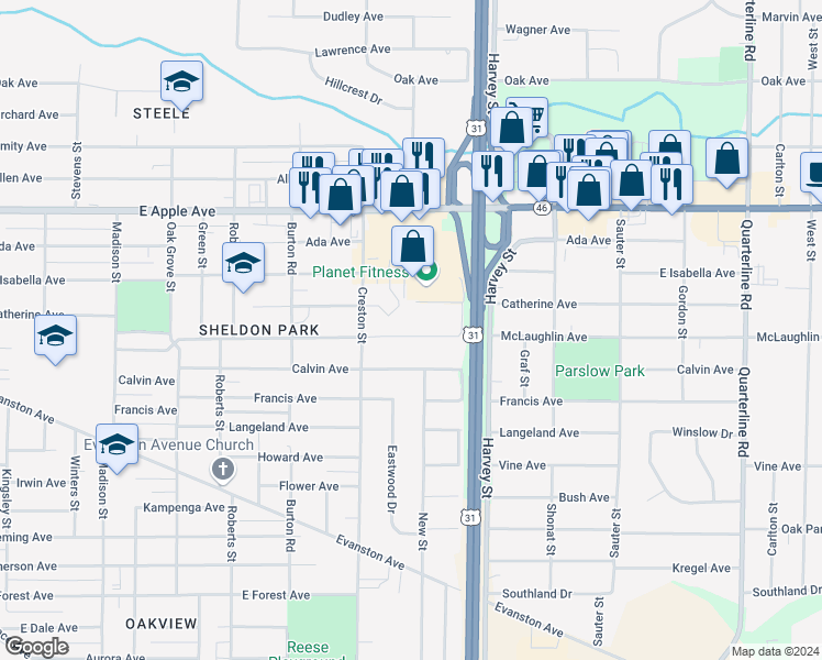 map of restaurants, bars, coffee shops, grocery stores, and more near 1480 McLaughlin Avenue in Muskegon