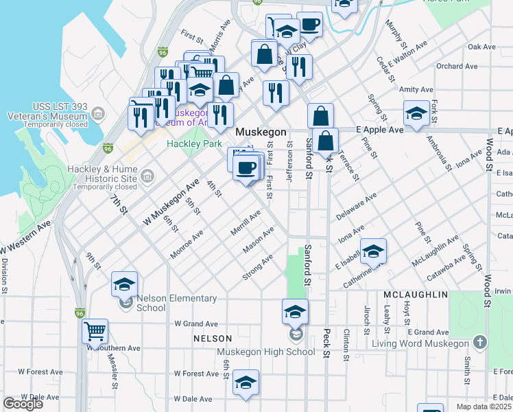 map of restaurants, bars, coffee shops, grocery stores, and more near 1144 3rd Street in Muskegon