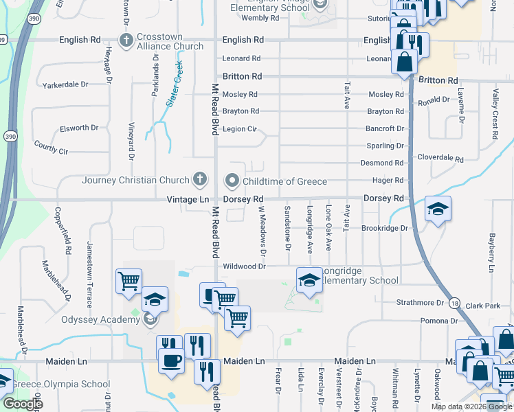 map of restaurants, bars, coffee shops, grocery stores, and more near 344 Dorsey Road in Rochester