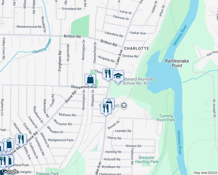 map of restaurants, bars, coffee shops, grocery stores, and more near Lake Avenue & Stonewood Avenue in Rochester