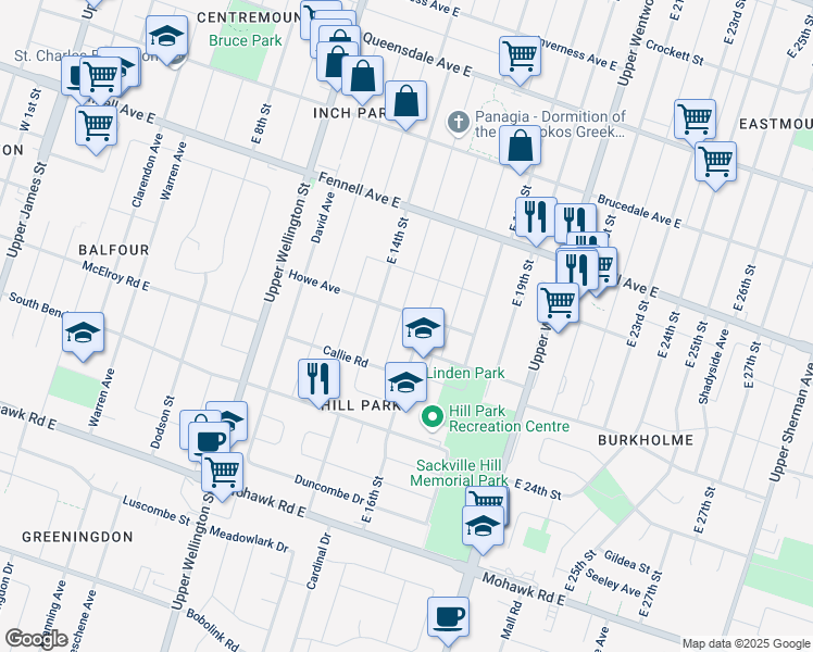 map of restaurants, bars, coffee shops, grocery stores, and more near in Hamilton