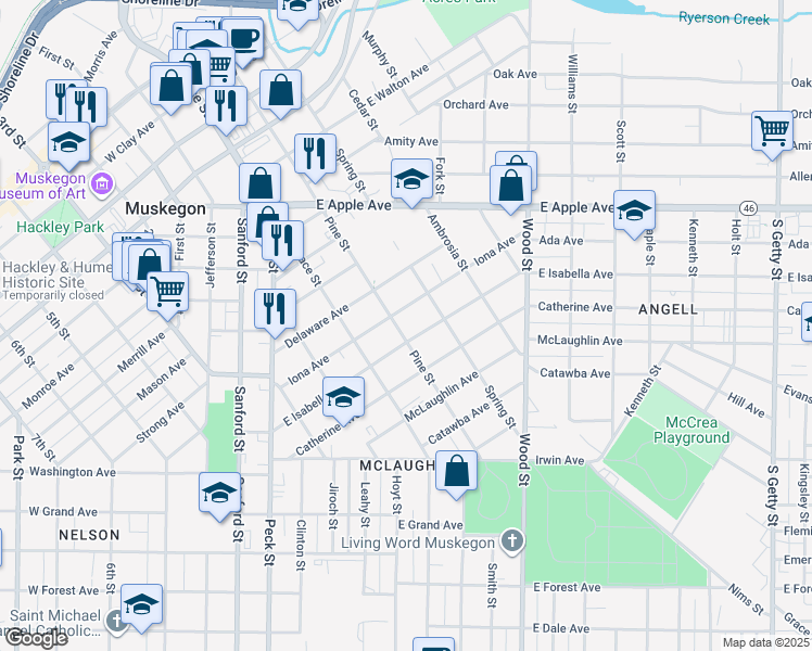 map of restaurants, bars, coffee shops, grocery stores, and more near 1162 Pine Street in Muskegon