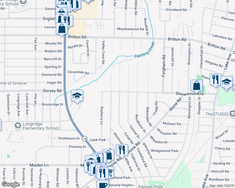 map of restaurants, bars, coffee shops, grocery stores, and more near 475 Stonewood Avenue in Rochester